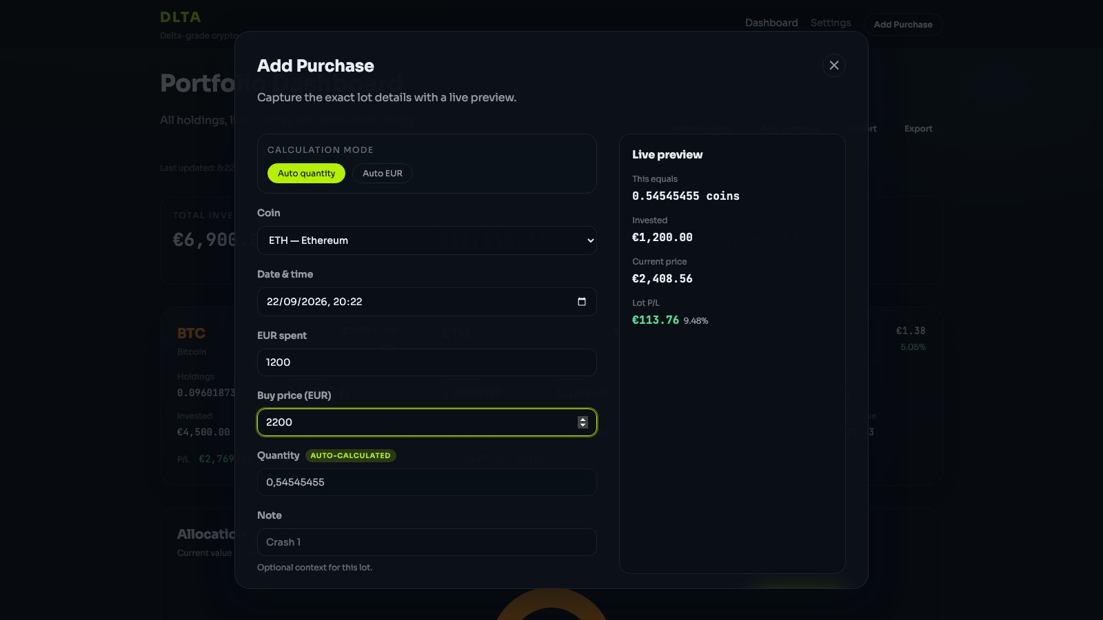 DLTA form for adding a purchase lot