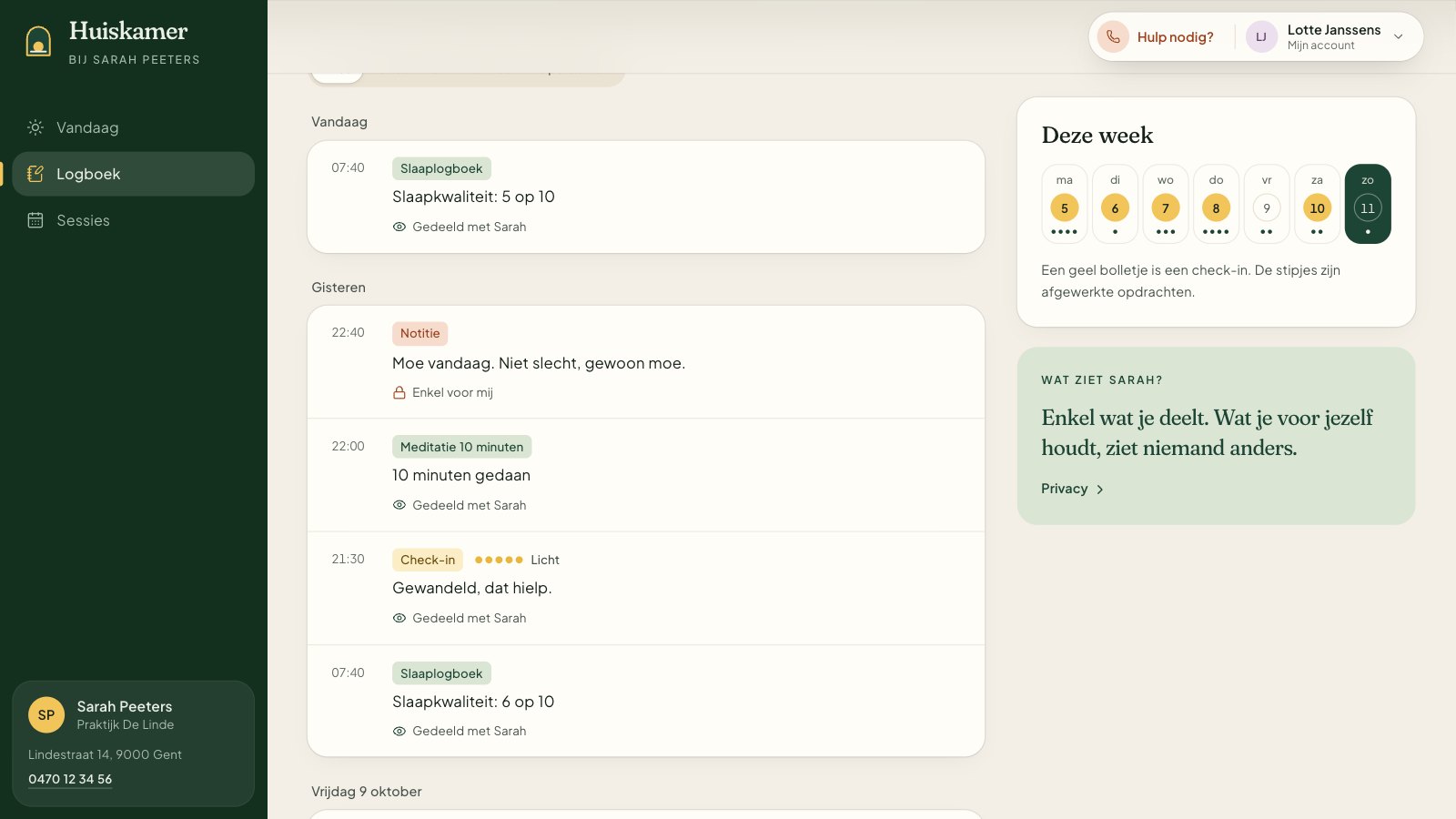 Huiskamer logbook: check-ins, notes and finished assignments per day, each shared or kept private